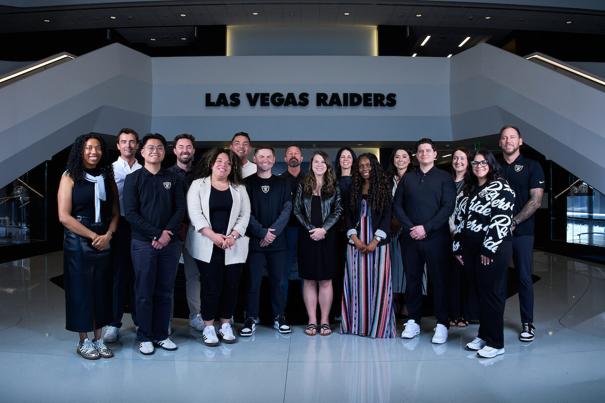 The Corporate Partnerships Department poses for a team photo at Las Vegas Raiders Headquarters, Tuesday, March 24, 2026, in Henderson, Nev.